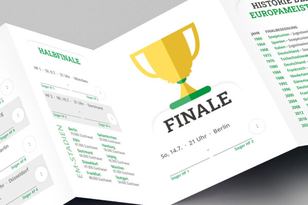 Pocketplaner als Streuartikel zur Fussball-EM 2024 mit dem Spielplan Trophy in gruen