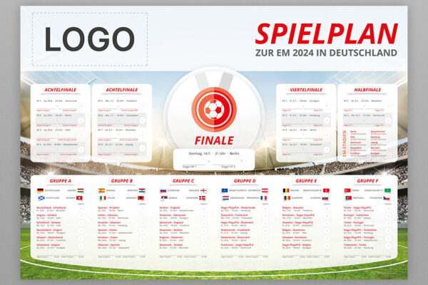 Spielplan Poster zur EM 2024 mit eigenem Logo mit dem Spielplan Arena in rot