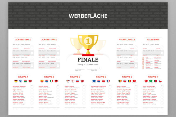 Spielplan Poster zur EM 2024 mit eigenem Logo mit dem Spielplan Trophy in rot